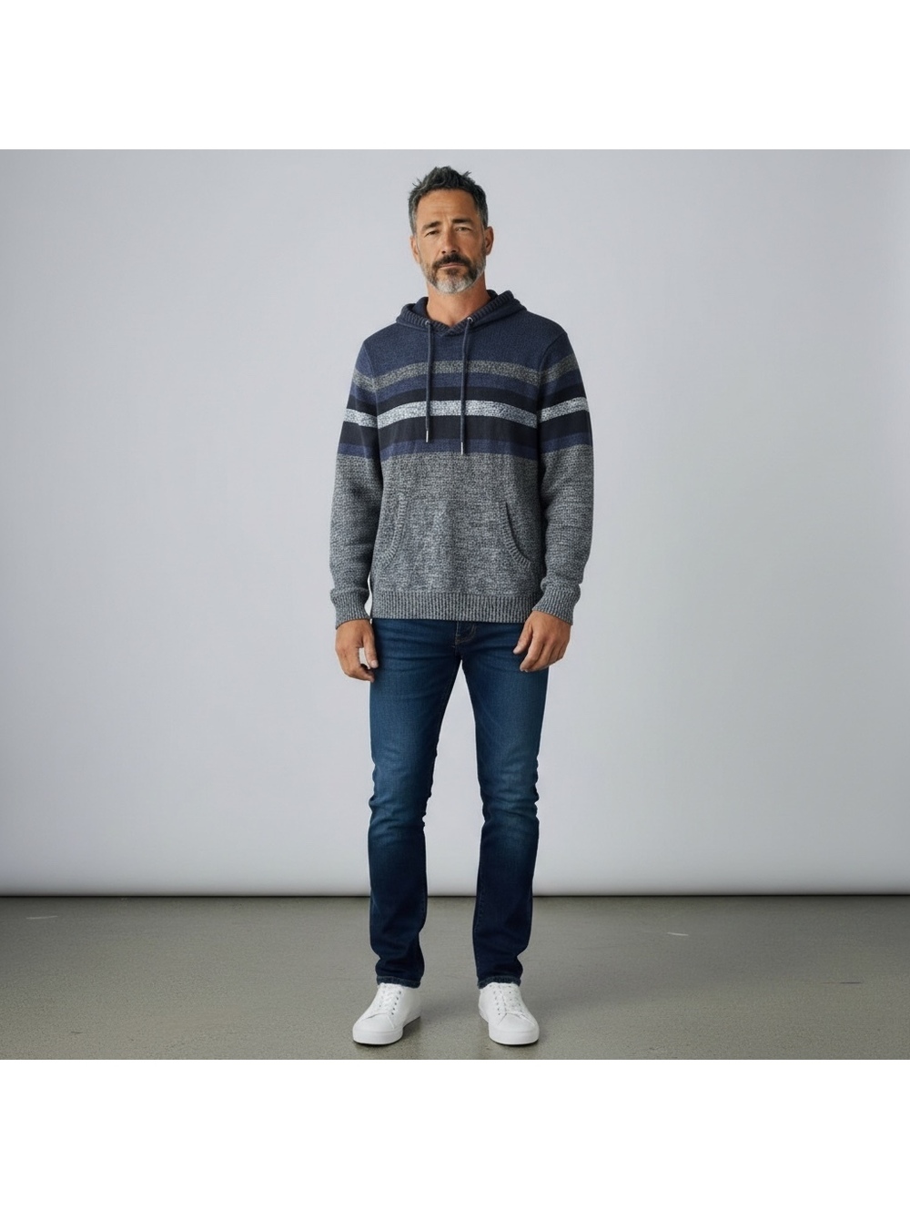 Urban Pipeline Men's Knit Pullover Hoodie Blue Gray Striped Sweater Size L